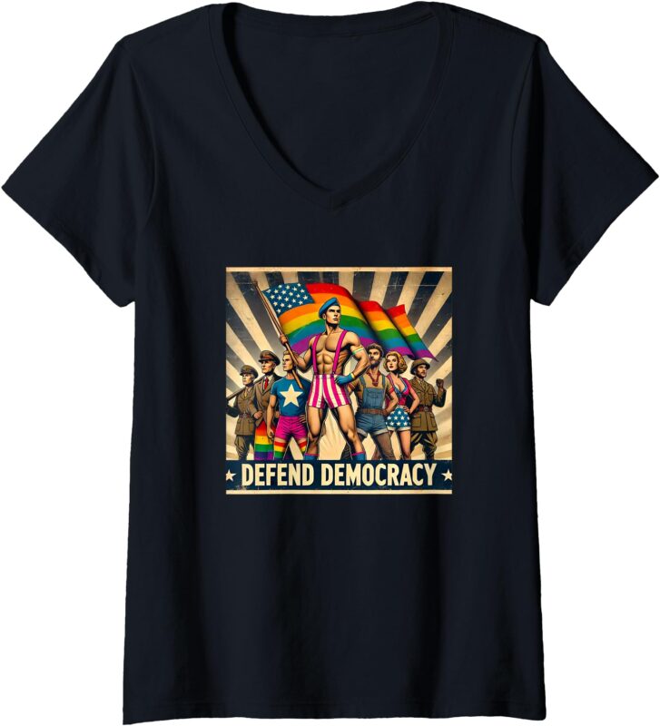 Womens LGBTQ Defend Democracy V-Neck T-Shirt