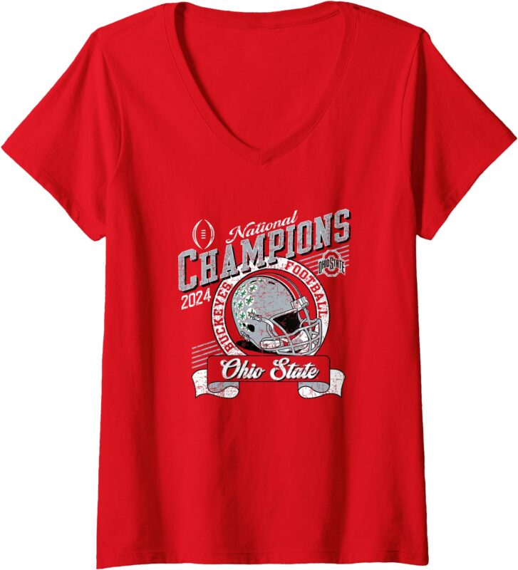 Womens Ohio State Buckeyes National Champs 2024 CFP Retro Red V-Neck T-Shirt