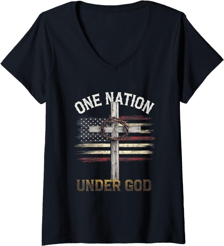 Womens One Nation Under God – American Flag Christian V-Neck T-Shirt