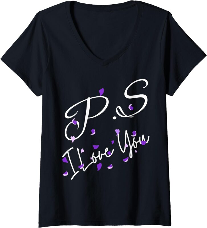 Womens PS I Love You Day Valentine’s Day Purple Heart Women Men Kid V-Neck T-Shirt