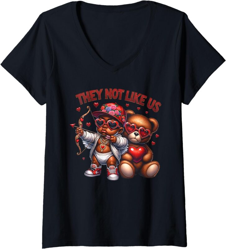 Womens They Not Like Us Black Cupid Blowing Bubble Black Valentines V-Neck T-Shirt