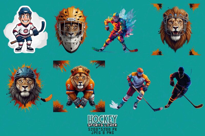 20 Vintage Sports Lion Hockey Player t-shirt design bundle