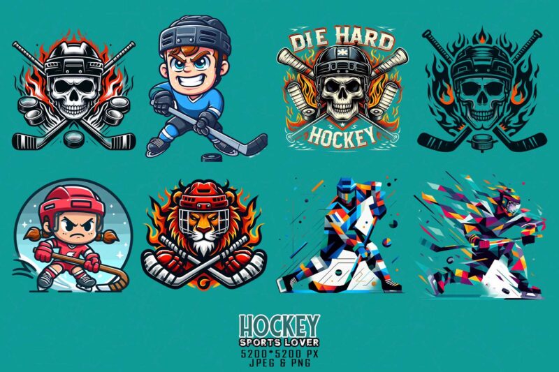 100 Trendy Retro Vintage Skull Hockey Lover t-shirt design bundle