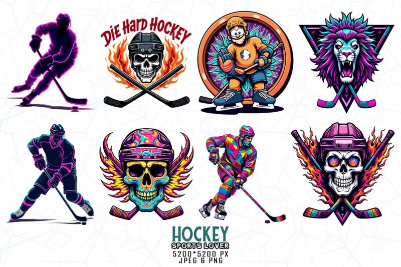 100 Trendy Retro Vintage Skull Hockey Lover t-shirt design bundle