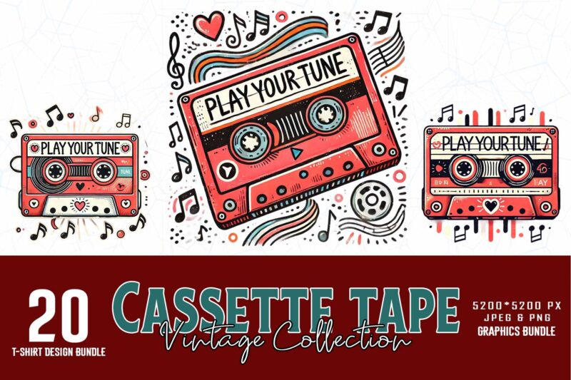 Trendy Retro Vintage Music Lover Cassette Tape t-shirt design bundle