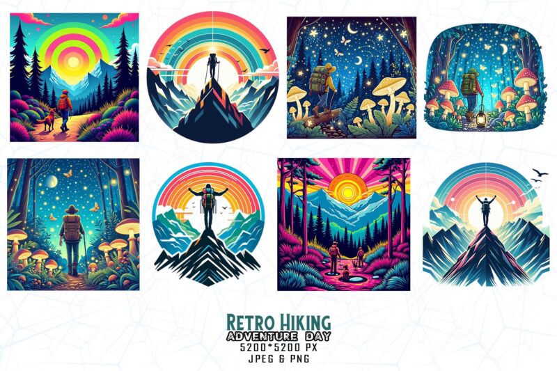 100 Popular Groovy Hiking Adventure Lover t-shirt design bundle