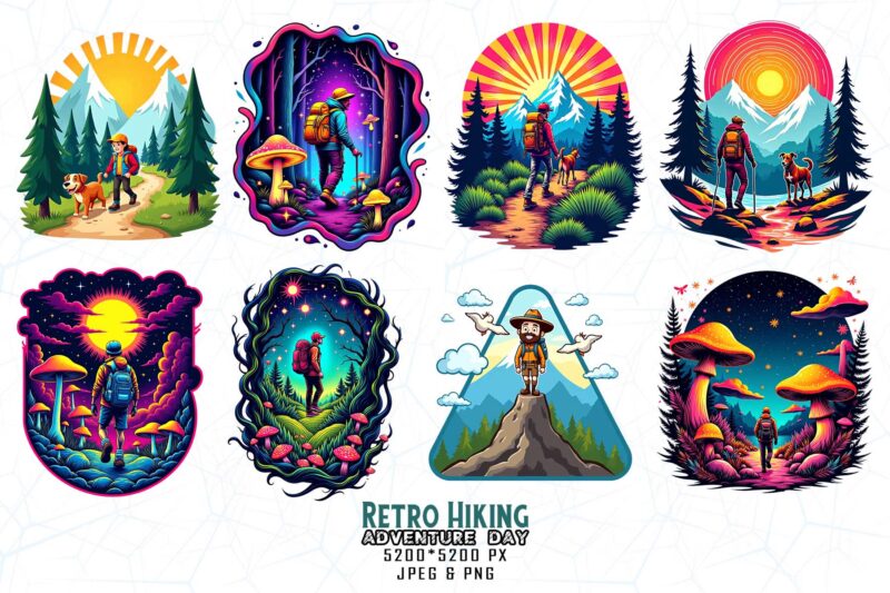 Trendy Retro Vintage Hiking Adventure t-shirt design bundle of 20 designs