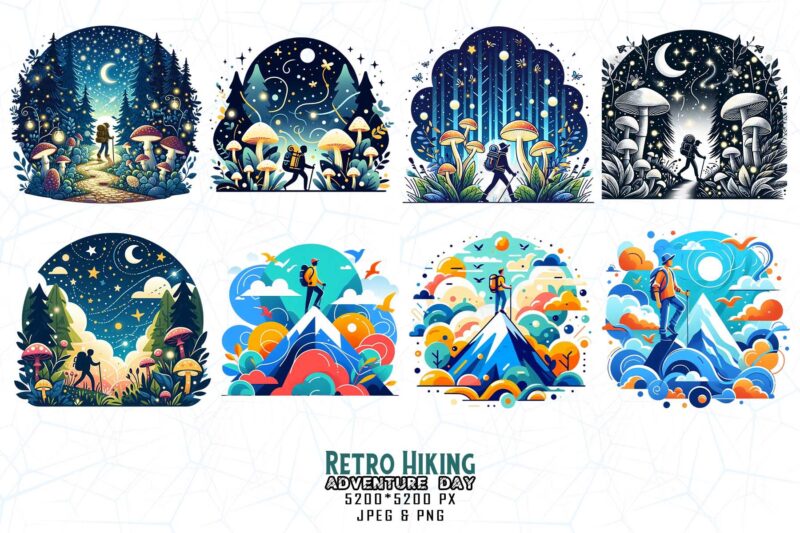 Vintage Hiking Adventure t-shirt design bundle of 20 designs – download instantly
