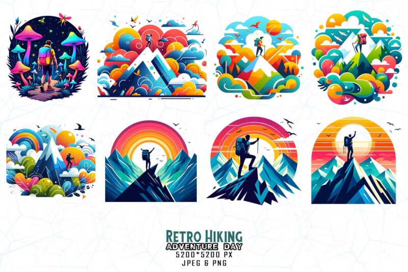 Popular Groovy Hiking Adventure Lover t-shirt design bundle of 20 designs – download instantly