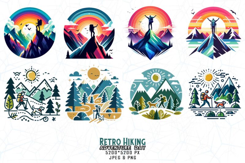 Popular Groovy Hiking Adventure Lover t-shirt design bundle of 20 designs – download instantly