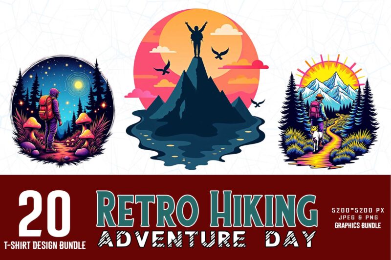 Trendy Retro Vintage Hiking Adventure t-shirt design bundle of 20 designs