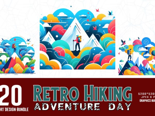 Popular groovy hiking adventure lover t-shirt design bundle of 20 designs – download instantly Popular groovy hiking adventure lover t-shirt design bundle of 20 designs – download instantly