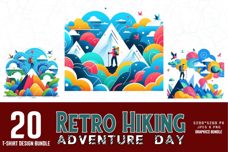 Popular Groovy Hiking Adventure Lover t-shirt design bundle of 20 designs – download instantly