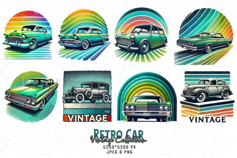 Vintage Colour Car t-shirt design bundle of 60 designs – download instantly Retro Vintage Illustration T-shirt Bundle