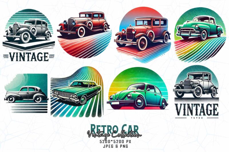 Vintage Colour Car t-shirt design bundle of 60 designs – download instantly Retro Vintage Illustration T-shirt Bundle