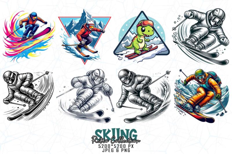 Trendy Retro Vintage Winter Sports Skiing t-shirt design bundle of 20 designs – download instantly
