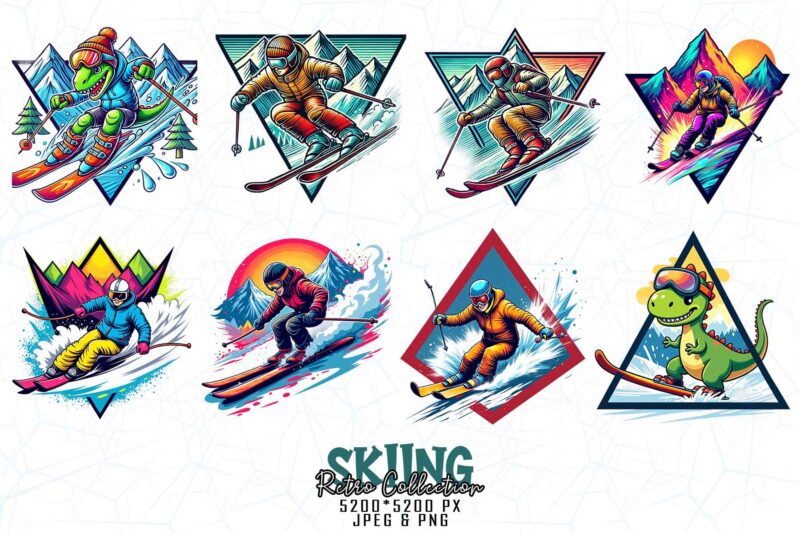 Vintage Colour Winter Sports Skiing t-shirt design bundle of 20 designs – download instantly Retro Vintage Illustration Bundle