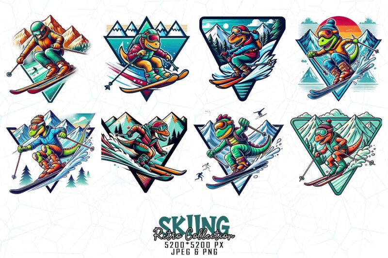 Bestselling Trendy Retro Vintage Winter Sports Skiing t-shirt design bundle of 100 designs – download instantly Retro Vintage Tee Bundle