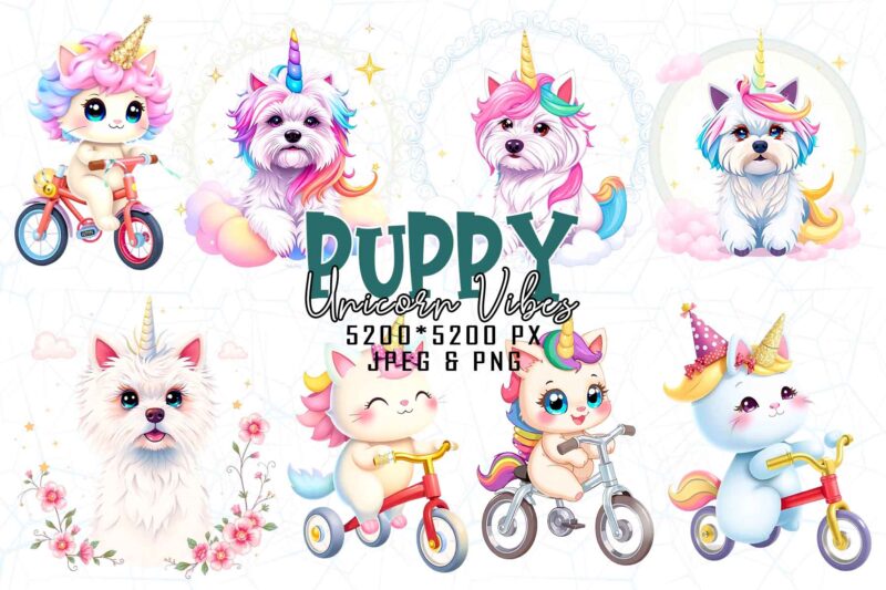Trendy Retro Vintage Unicorn Puppy Dog t-shirt design bundle