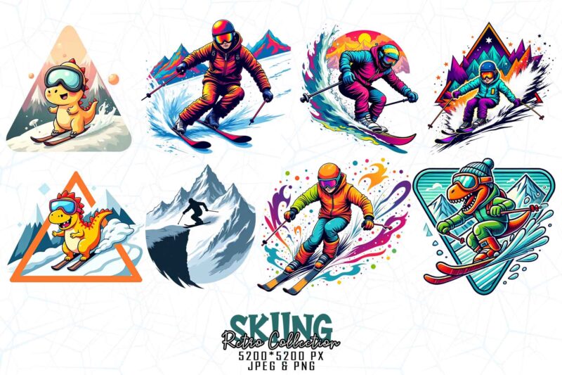 Vintage Colour Winter Sports Skiing t-shirt design bundle of 20 designs – download instantly Retro Vintage Illustration Bundle