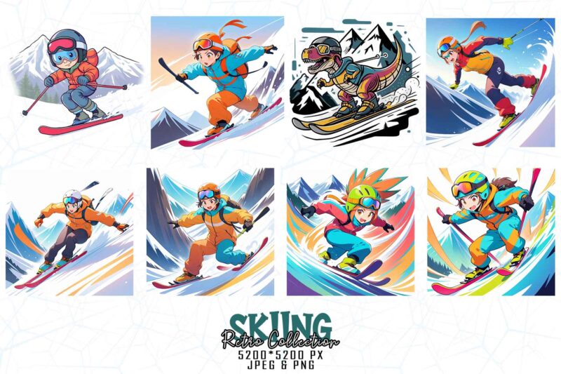 Bestselling Trendy Retro Vintage Winter Sports Skiing t-shirt design bundle of 100 designs – download instantly Retro Vintage Tee Bundle