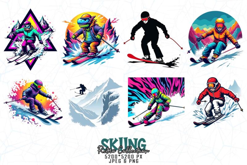 Groovy Winter Sports Skiing Lover t-shirt design bundle of 20 designs – download instantly T-Shirt Bundle
