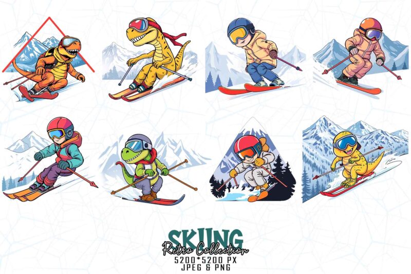 Bestselling Trendy Retro Vintage Winter Sports Skiing t-shirt design bundle of 100 designs – download instantly Retro Vintage Tee Bundle