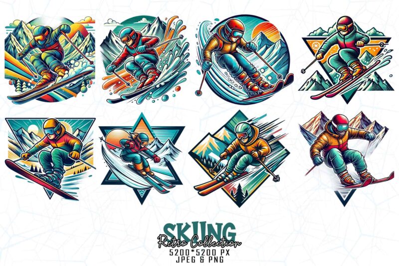Vintage Colour Winter Sports Skiing t-shirt design bundle