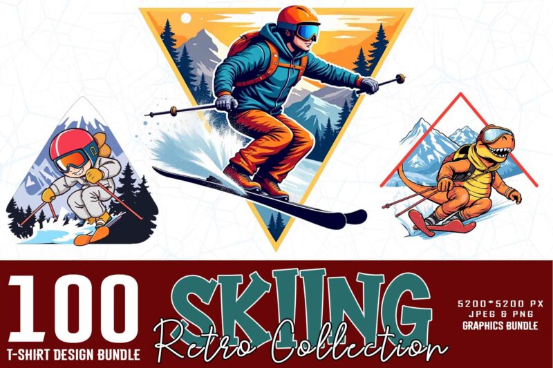Bestselling Trendy Retro Vintage Winter Sports Skiing t-shirt design bundle of 100 designs – download instantly Retro Vintage Tee Bundle