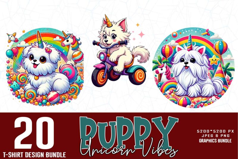 Trendy Retro Vintage Unicorn Puppy Dog t-shirt design bundle