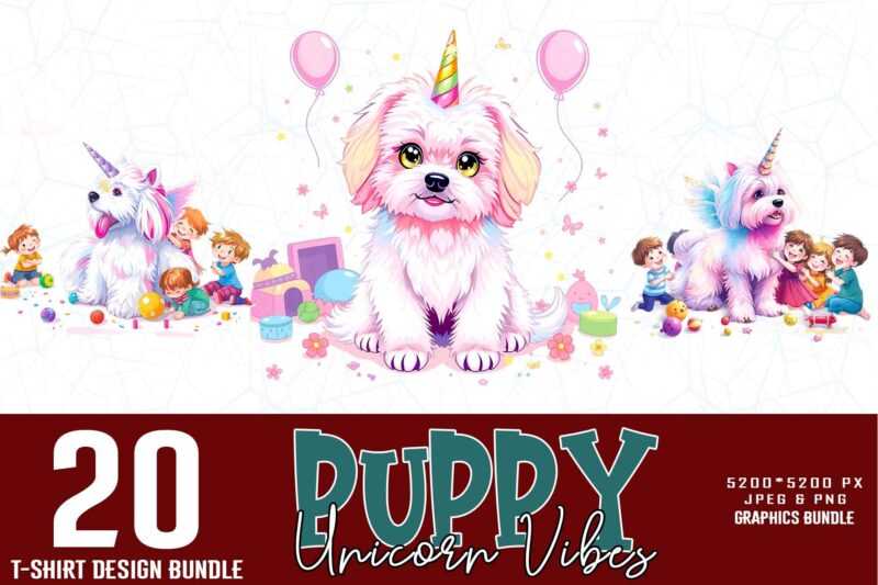 Trendy Retro Vintage Unicorn Puppy Dog t-shirt design bundle