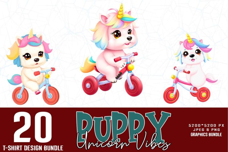 Vintage Puppy Unicorn t-shirt design bundle of 20 designs – download instantly