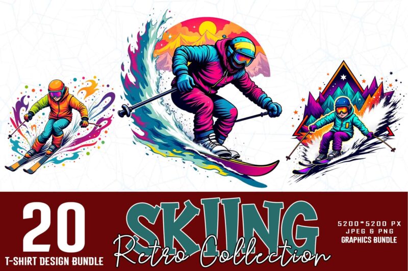 Vintage Colour Winter Sports Skiing t-shirt design bundle of 20 designs – download instantly Retro Vintage Illustration Bundle