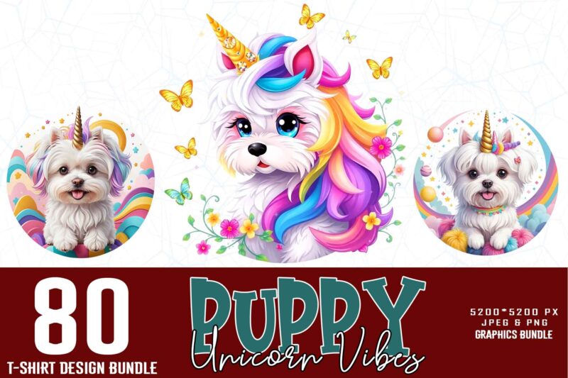 80 Popular Groovy Puppy Dog Unicorn Lover t-shirt design bundle