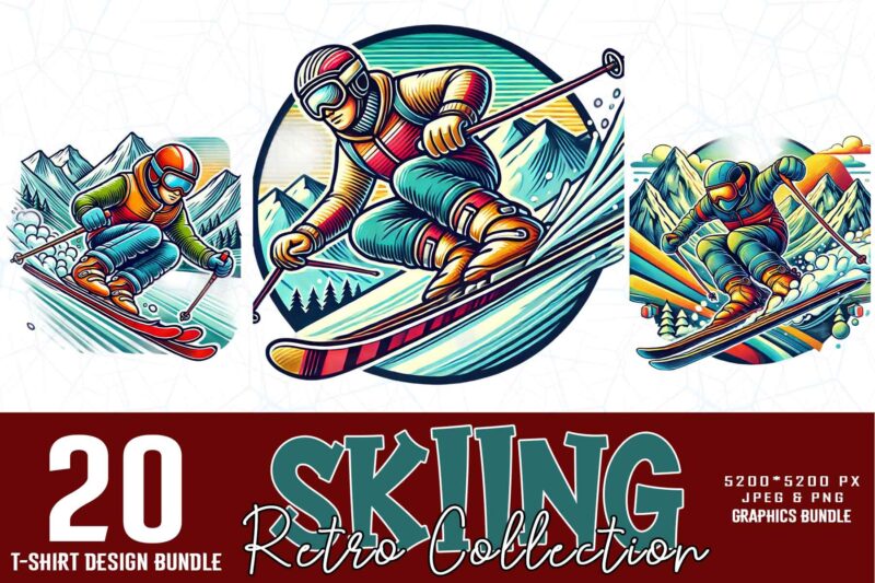 Vintage Colour Winter Sports Skiing t-shirt design bundle
