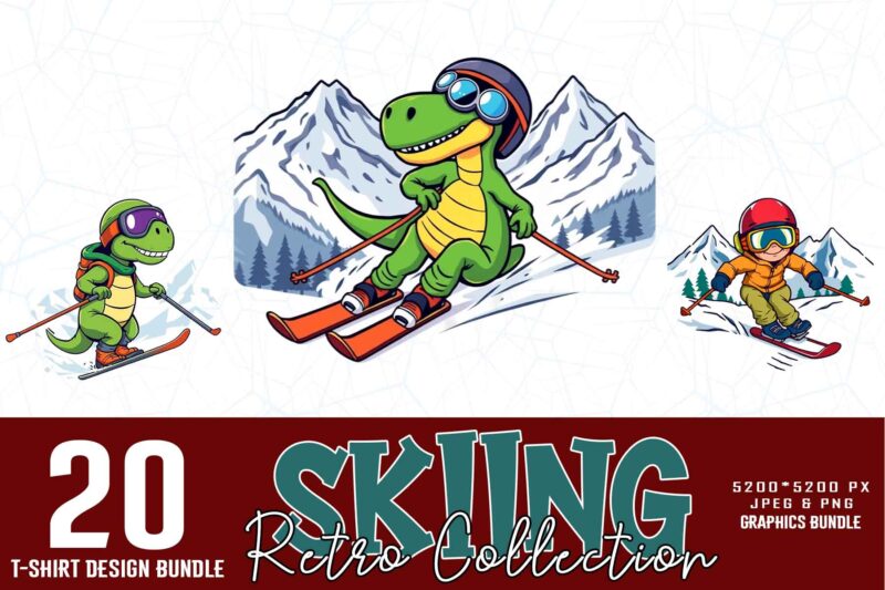 Trendy Retro Vintage Winter Sports Skiing t-shirt design bundle of 20 designs – download instantly for Print