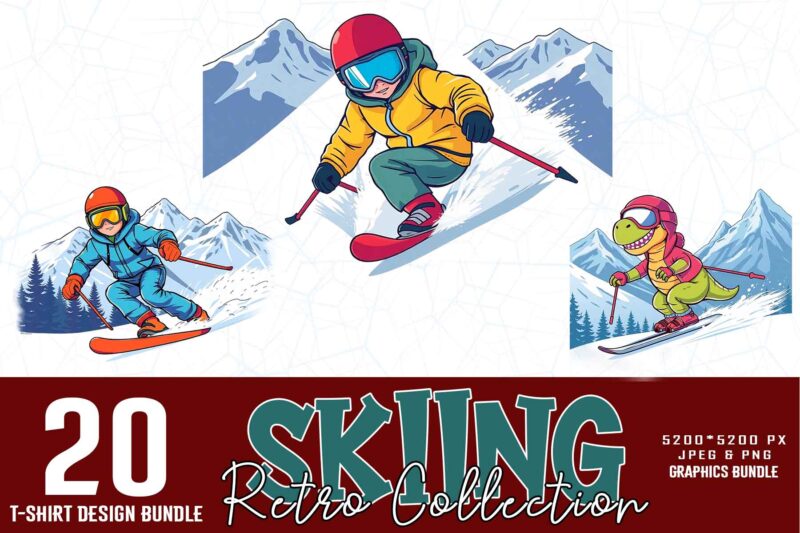Winter Sports Skiing Illustration T-shirt design bundle of 20 designs – download instantly Retro Vintage T-shirt