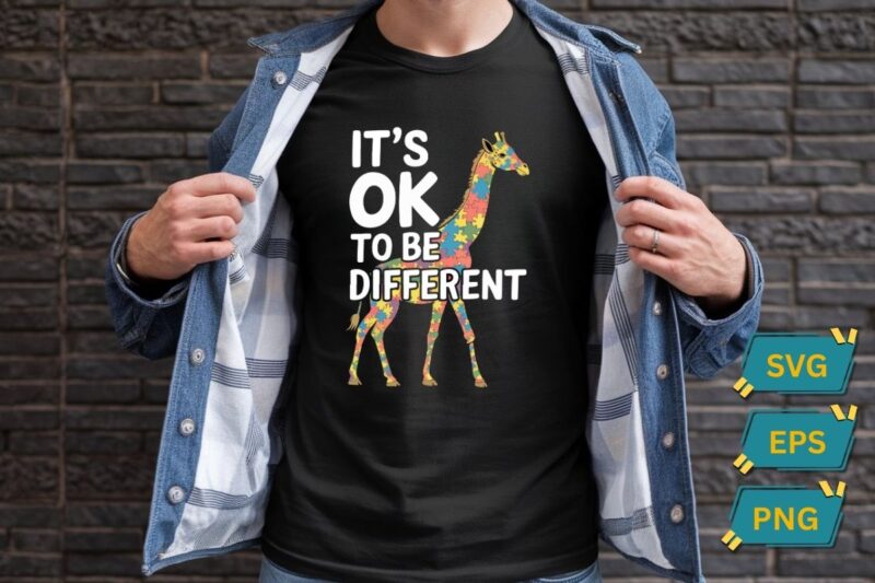 It’s Ok To Be Different Autism Awareness T-shirt design vector, Colorful Giraffe, It’s OK to be Different