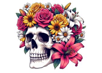 Watercolour Floral Skull Retro Illustration T-shirt design – download instantly