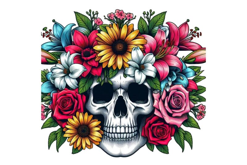Colourful Vintage Floral Skull t-shirt design download instantly Retro Vintage T-shirt