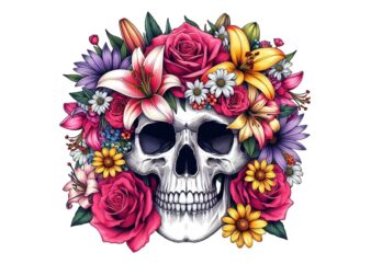 Trendy Retro Floral Skull Punk Graphics t-shirt design jpeg & png designs – download instantly Retro Vintage T-shirt Design Illustration