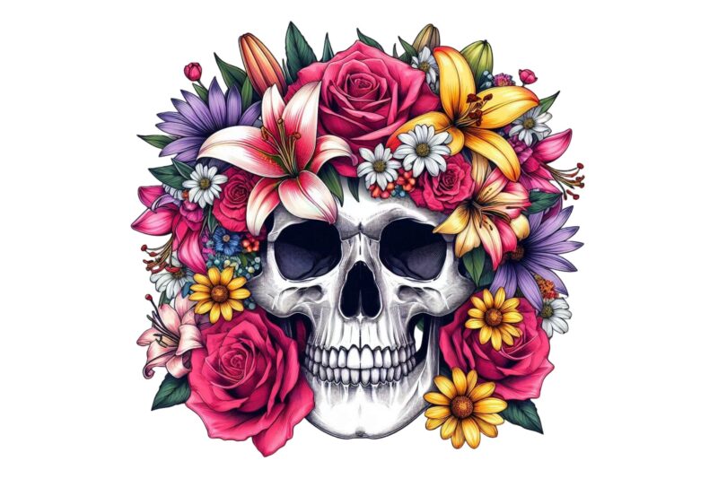 Trendy Retro Floral Skull Punk Graphics t-shirt design jpeg & png designs – download instantly Retro Vintage T-shirt Design Illustration
