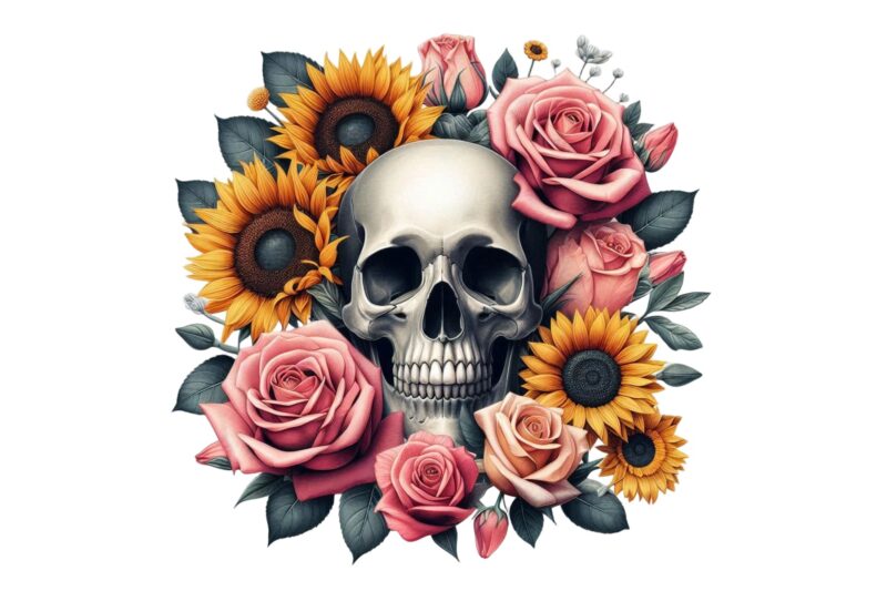 Colourful Vintage Floral Skull t-shirt design download instantly Retro Vintage