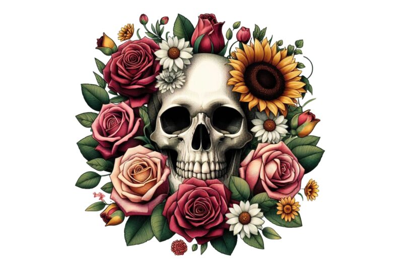 Colourful Vintage Floral Skull t-shirt design download instantly