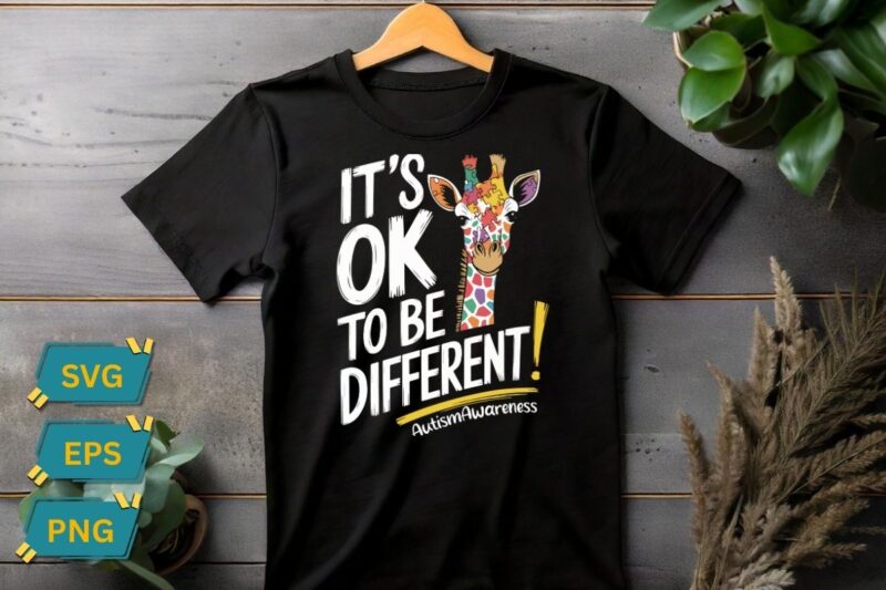 It’s Ok To Be Different Autism Awareness T-shirt design vector, Colorful Giraffe, It’s OK to be Different