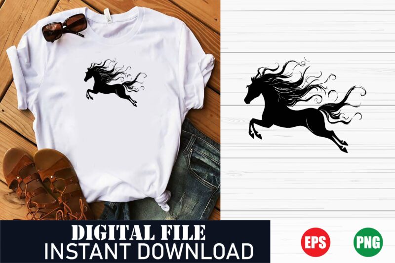 Majestic Horse Vector Art T-Shirt Design for Equestrian Lovers, Wild Horse Silhouette Graphic Tee, Horse Rider Vector Design