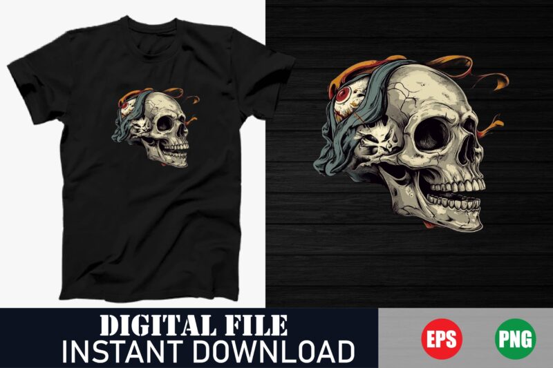 Gothic Skull Vector Design for Streetwear, Vintage Skull Illustration T-Shirt Print, Minimalist Skull Line Art Graphic TeeEdgy Skull Vector