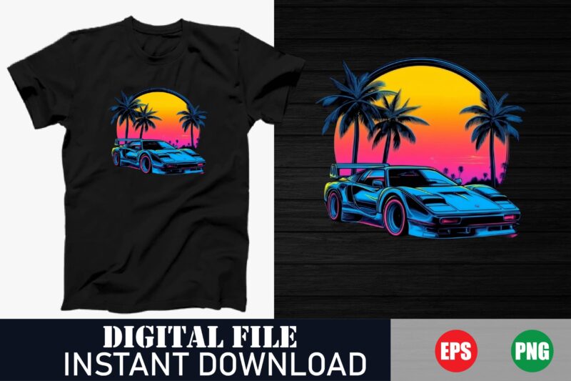 Retro Synthwave Neon Sunset T-Shirt Design, 80s Retro Wave Colorful Vector T-Shirt, Synthwave Vibes Neon Grid T-Shirt, 80s Nostalgia Retro