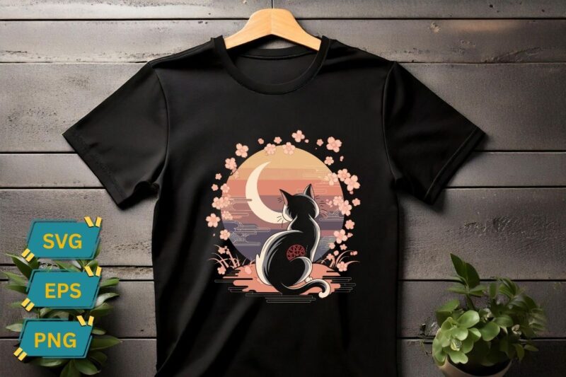 Fantasy Japanese Inspired Cat Illustration T-shirt design vector,