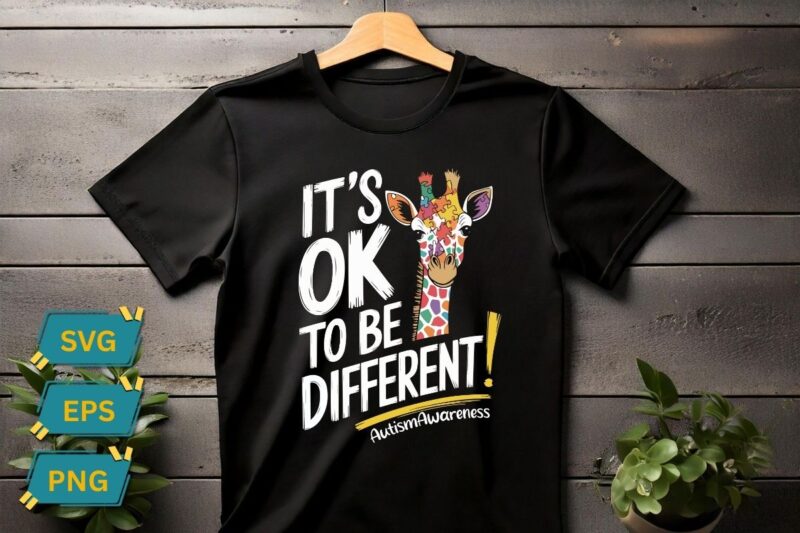 It’s Ok To Be Different Autism Awareness T-shirt design vector, Colorful Giraffe, It’s OK to be Different